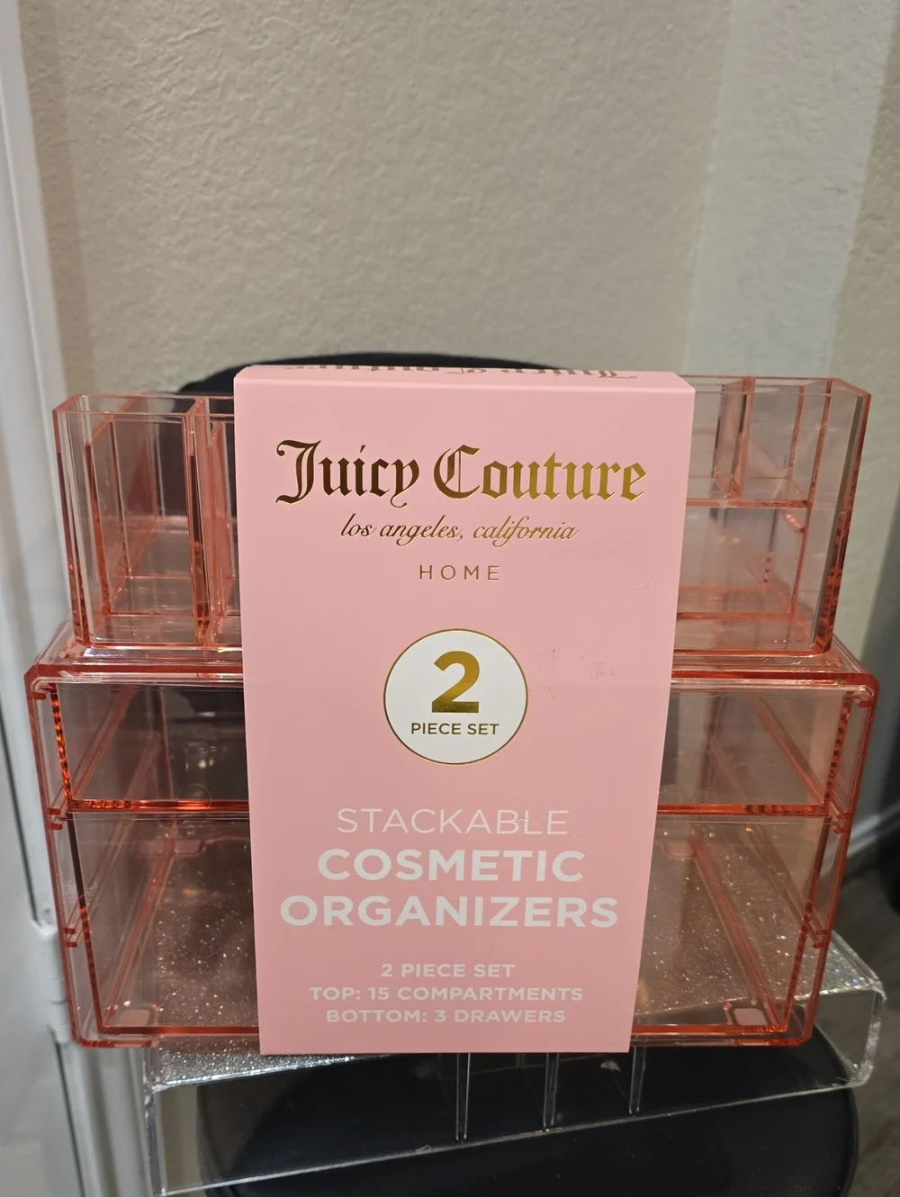 Juicy Couture Home 2-PC Stackable Acrylic Makeup Organizer Set- Pink
